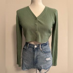 Green Button Up Long Sleeve Crop Top Sweater Size Small